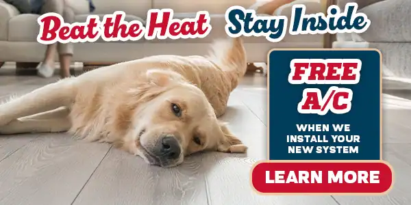 A Golden Retriever Lies On A Wooden Floor Indoors. Text Promotes Free A/C With New System Installation And Encourages Staying Inside To Beat The Heat.