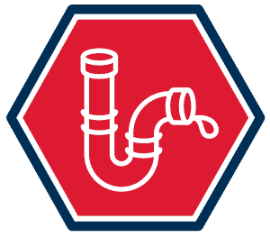 White Outline Of A Leaking Pipe, Symbolizing Hvac Issues, Inside A Red Hexagon With A Dark Blue Border.