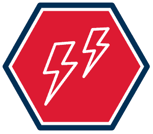 A Red Hexagon With A Navy Blue Border Contains Two White Lightning Bolt Symbols Side By Side, Representing Hvac Power And Efficiency.