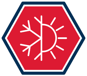A Hexagonal Icon With A Red Background Showing A White Symbol Split Into A Snowflake On The Left And A Sun On The Right, Representing Hot And Cold—Perfect For Illustrating Hvac Systems.