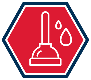 Icon Of A Plunger And Two Water Drops Inside A Red Hexagon With A Dark Blue Border, Symbolizing Plumbing And Hvac Services.
